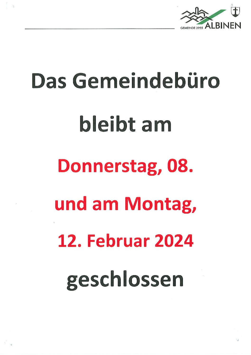 Öffnungszeiten Gemeindebüro 08. und 12. Februar 2024